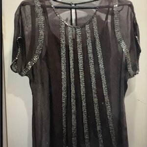 Elegant Taupe Sheer Top with Silver/taupe Accents